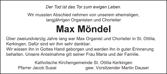 Traueranzeige von Max Möndel von Bopfinger Stadtanzeiger