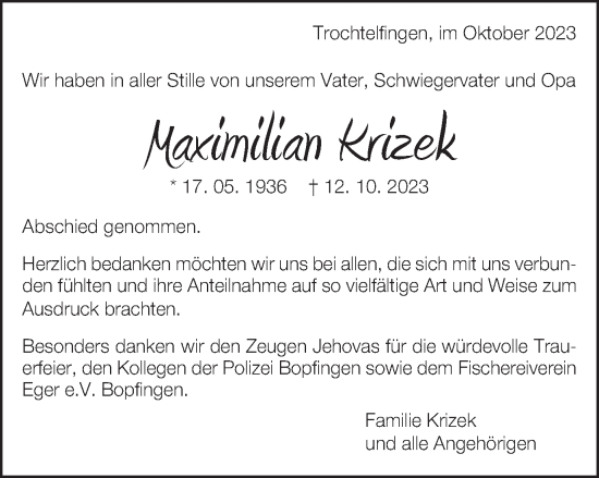 Traueranzeige von Maximilian Krizek von Schwäbische Post