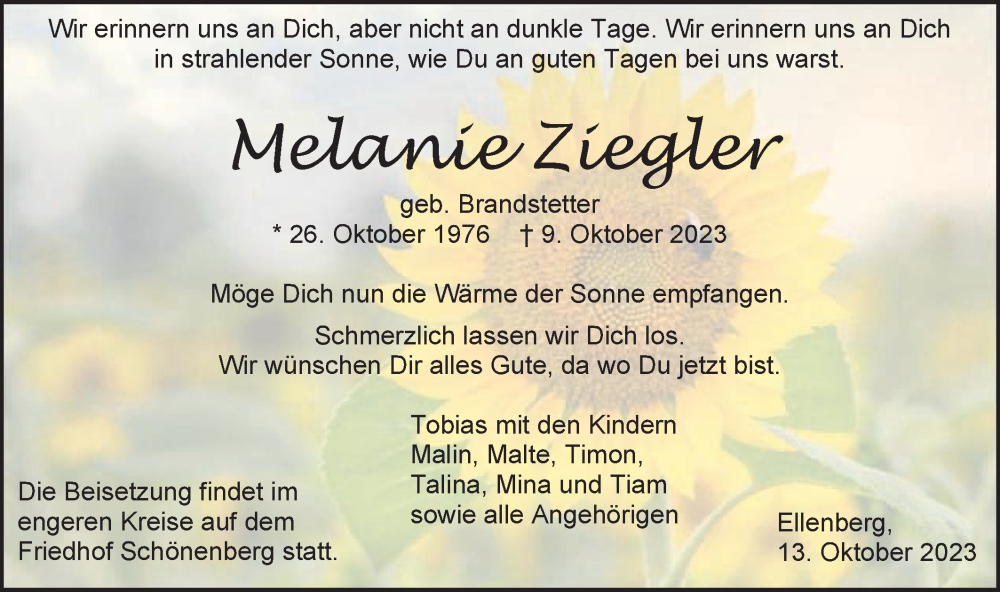  Traueranzeige für Melanie Ziegler vom 13.10.2023 aus Schwäbische Post