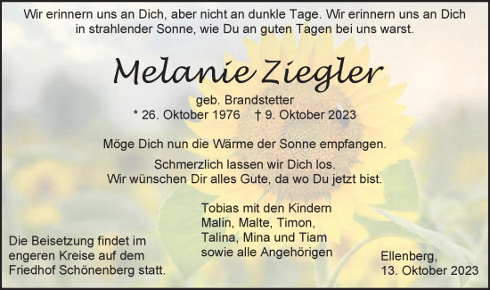 Traueranzeige von Melanie Ziegler