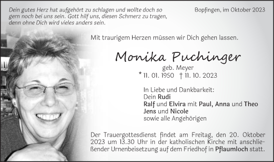 Traueranzeige von Monika Puchinger von Schwäbische Post