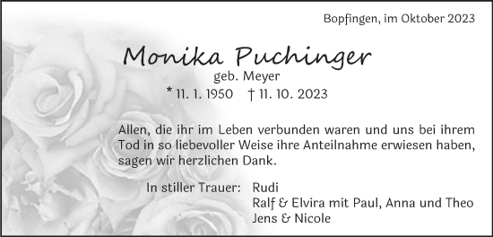 Traueranzeige von Monika Puchinger von Schwäbische Post