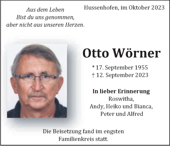 Traueranzeige von Otto Wörner von Gmünder Tagespost