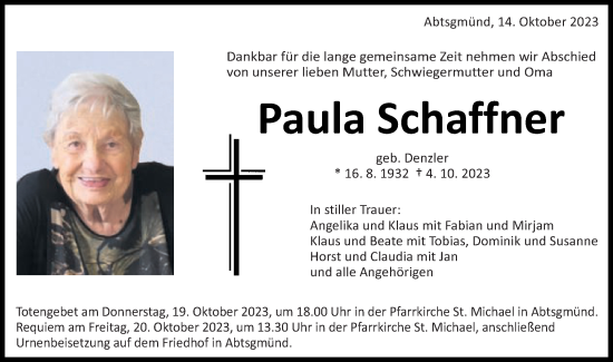 Traueranzeige von Paula Schaffner von Schwäbische Post