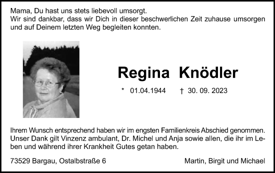 Traueranzeige von Regina Knödler von Gmünder Tagespost