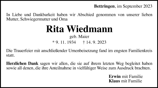 Traueranzeige von Rita Wiedmann von Gmünder Tagespost