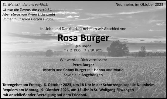 Traueranzeige von Rosa Burger von Schwäbische Post