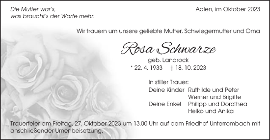 Traueranzeige von Rosa Schwarze von Schwäbische Post