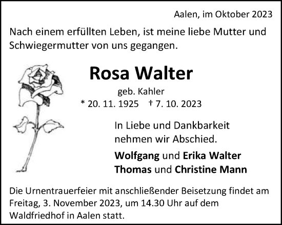 Traueranzeige von Rosa Walter von Schwäbische Post