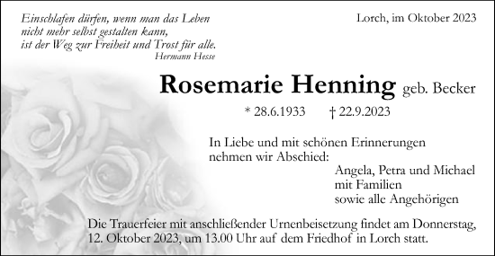 Traueranzeige von Rosemarie Henning von Gmünder Tagespost