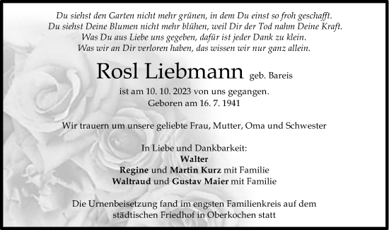 Traueranzeige von Rosl Liebmann von Schwäbische Post