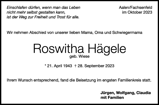 Traueranzeige von Roswitha Hägele von Schwäbische Post