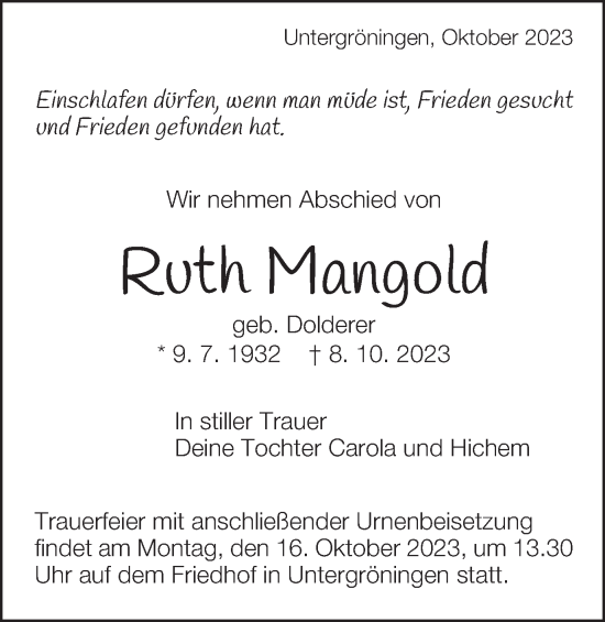 Traueranzeige von Roth Mangold von Gmünder Tagespost