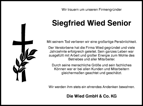 Traueranzeige von Siegfried Wied von Schwäbische Post