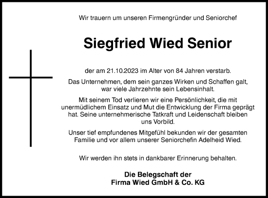 Traueranzeige von Siegfried Wied von Schwäbische Post
