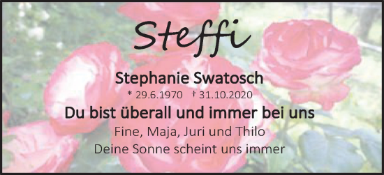 Traueranzeige von Stephanie Swatosch von Schwäbische Post