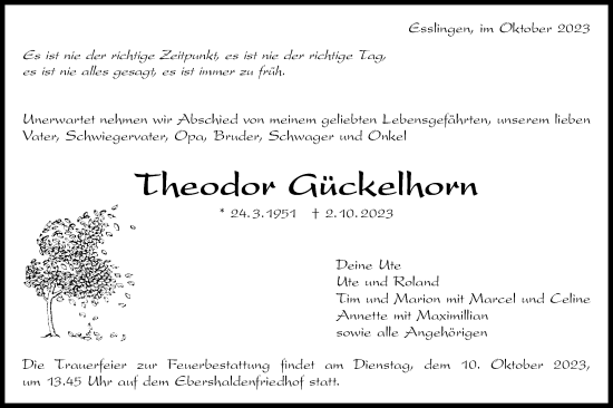 Traueranzeige von Theodor Gückelhorn von Schwäbische Post