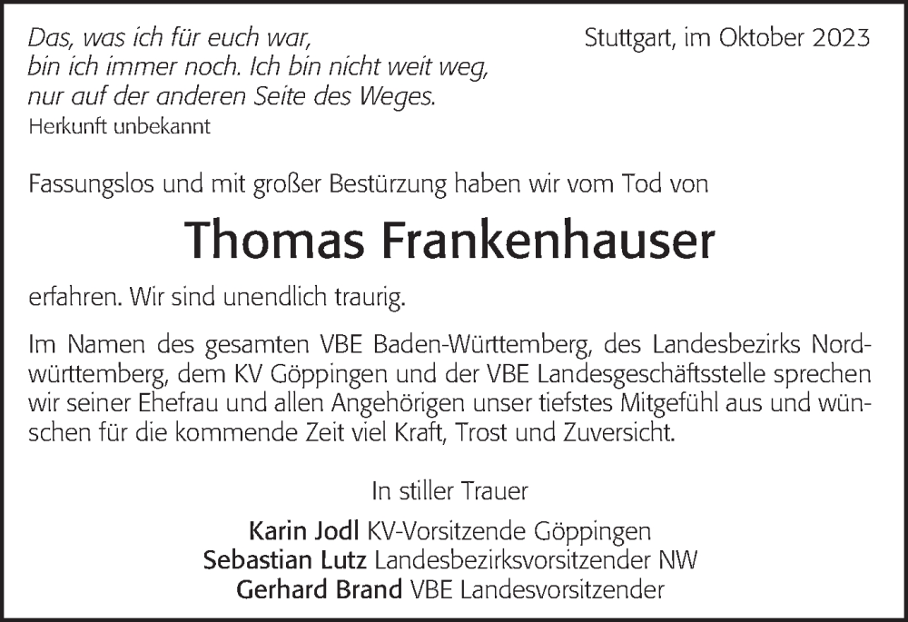  Traueranzeige für Thomas Frankenhauser vom 30.10.2023 aus Gmünder Tagespost