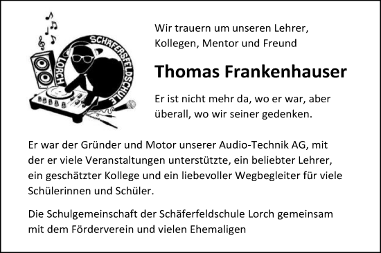 Traueranzeige von Thomas Frankenhauser von Gmünder Tagespost