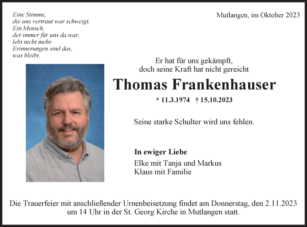  Traueranzeige für Thomas Frankenhauser vom 30.10.2023 aus Gmünder Tagespost