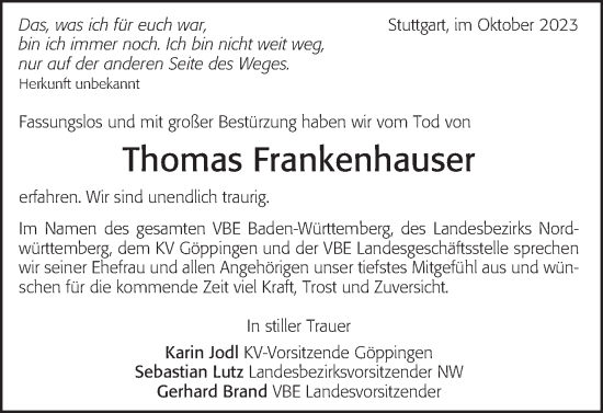 Traueranzeige von Thomas Frankenhauser von Gmünder Tagespost