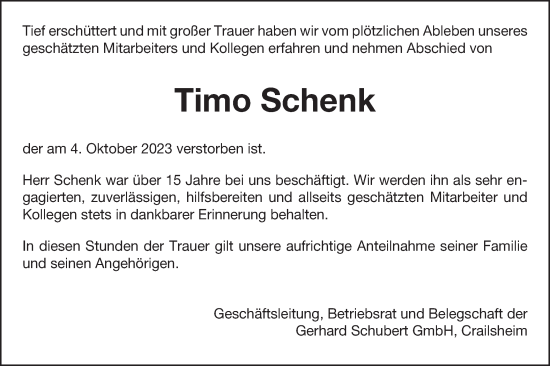 Traueranzeige von Timo Schenk von Schwäbische Post