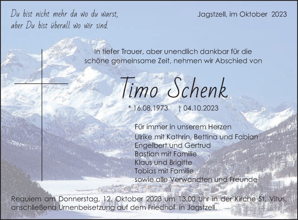  Traueranzeige für Timo Schenk vom 09.10.2023 aus Schwäbische Post