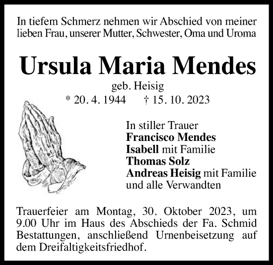 Traueranzeige von Ursula Maria Mendes von Gmünder Tagespost