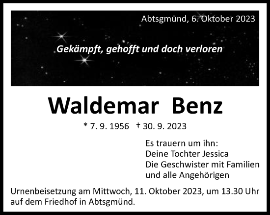 Traueranzeige von Waldemar Benz von Schwäbische Post