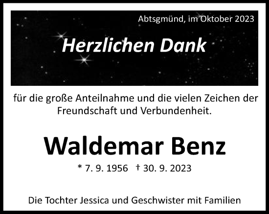 Traueranzeige von Waldemar Benz von Schwäbische Post