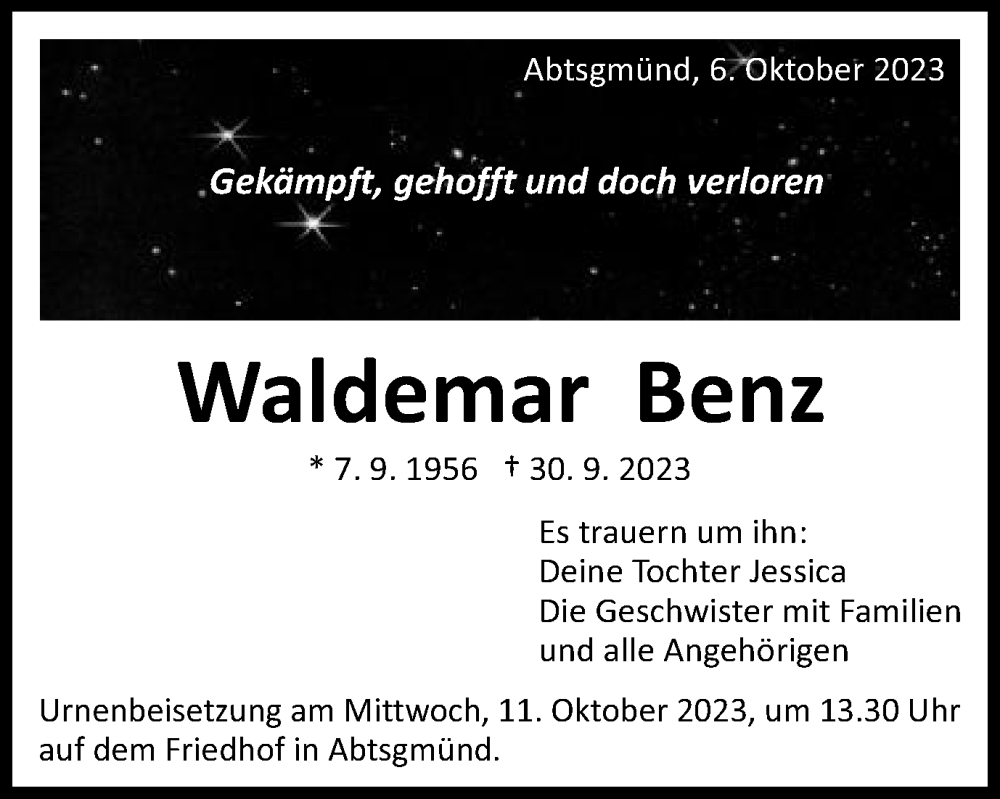  Traueranzeige für Waldemar Benz vom 06.10.2023 aus Schwäbische Post