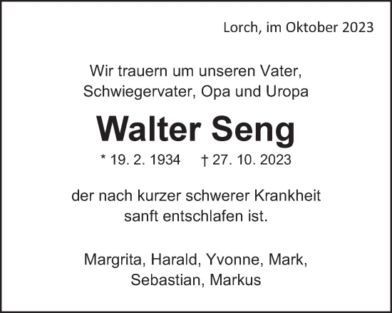 Traueranzeige von Walter Seng von Gmünder Tagespost