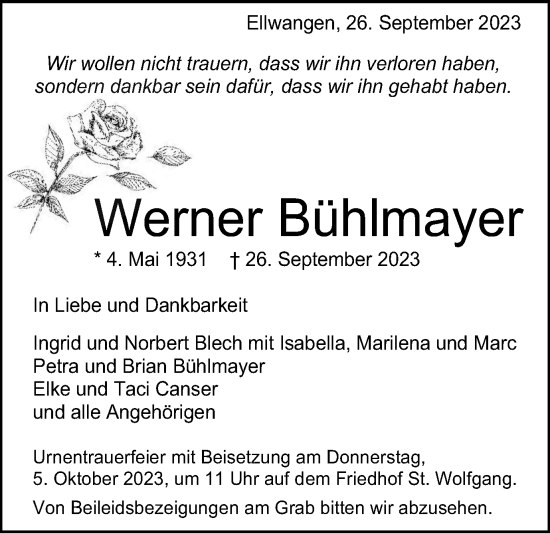Traueranzeige von Werner Bühlmayer von Schwäbische Post