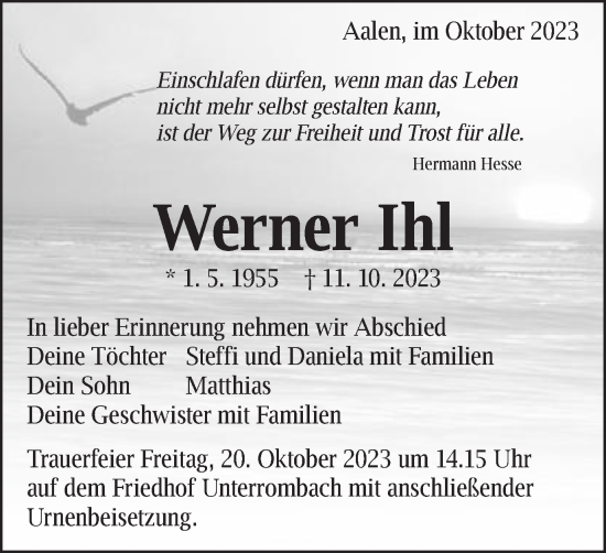 Traueranzeige von Werner Ihl von Schwäbische Post