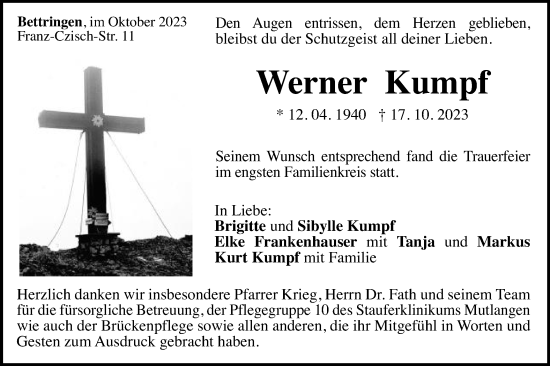 Traueranzeige von Werner Kumpf von Gmünder Tagespost