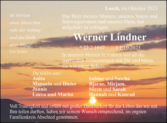 Traueranzeige von Werner Lindner von Gmünder Tagespost
