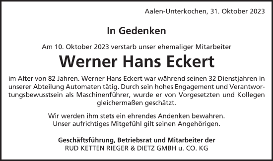 Traueranzeige von Werner Hans Eckert von Schwäbische Post