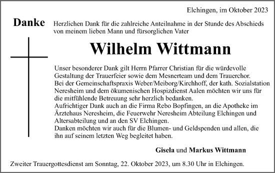 Traueranzeige von Wilhelm Wittmann von Schwäbische Post