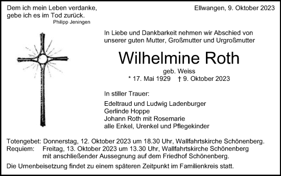 Traueranzeige von Wilhelmine Roth von Schwäbische Post