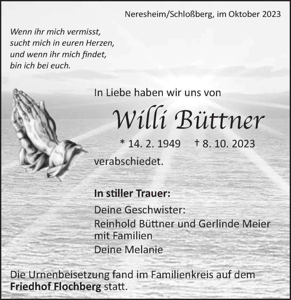  Traueranzeige für Willi Büttner vom 27.10.2023 aus Bopfinger Stadtanzeiger