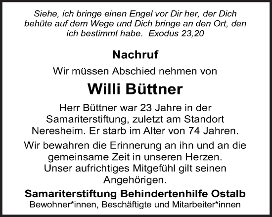 Traueranzeige von Willi Büttner von Schwäbische Post