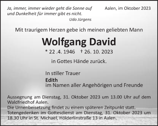 Traueranzeige von Wolfgang David von Schwäbische Post