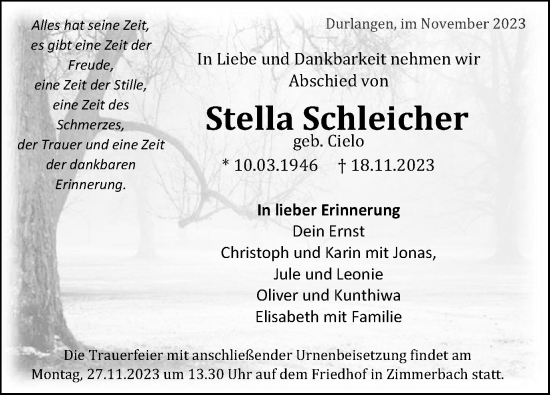 Traueranzeige von Stella Schleicher von Gmünder Tagespost