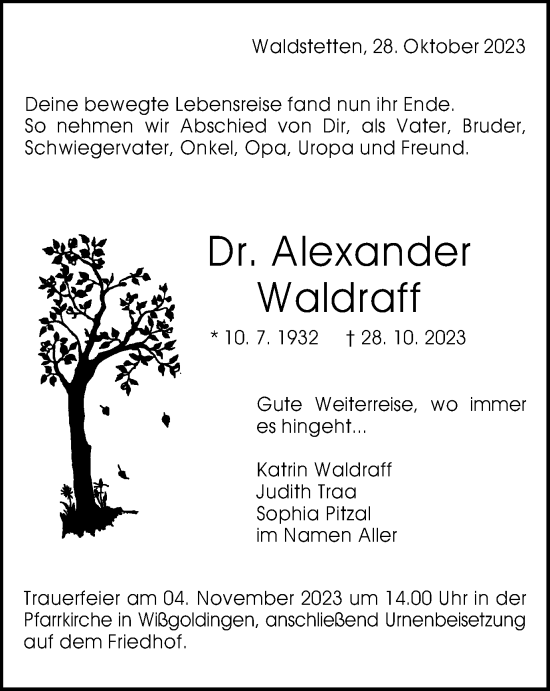 Traueranzeige von Alexander Waldraff von Gmünder Tagespost