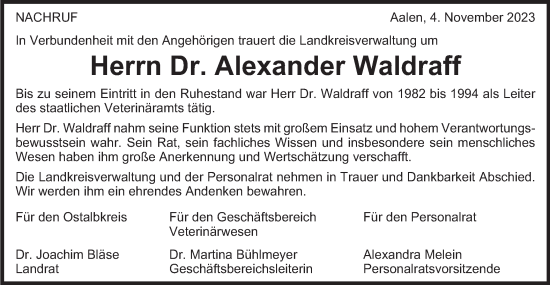 Traueranzeige von Alexander Waldraff von Gmünder Tagespost