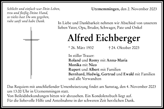 Traueranzeige von Alfred Eichberger von Schwäbische Post