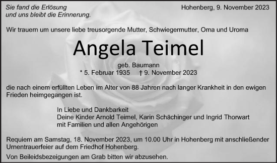 Traueranzeige von Angela Teimel von Schwäbische Post