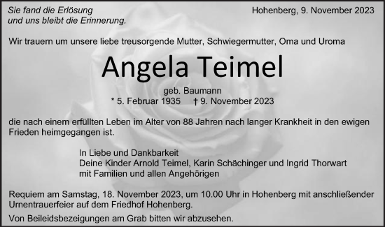 Traueranzeige von Angela Teimel