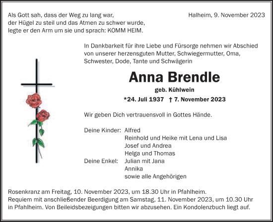 Traueranzeige von Anna Brendle von Schwäbische Post