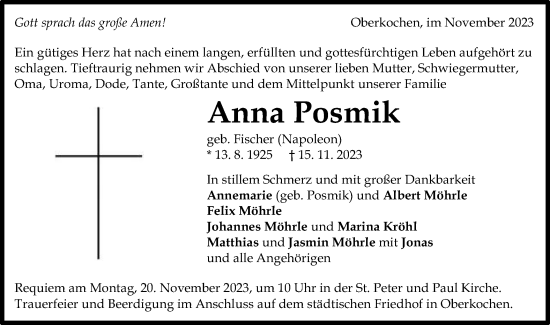 Traueranzeige von Anna Posmik von Schwäbische Post